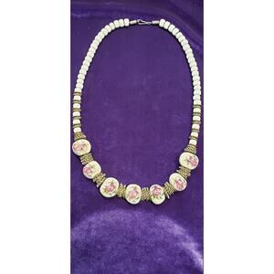 Vintage Chunky Heavy Ceramic bead necklace Light Gray Floral Brass & Silver Tone
